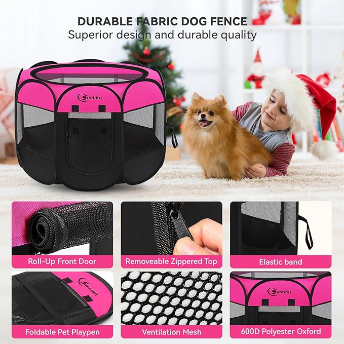 Dog Playpen, Medium Puppy Pet Playpen, Dog Crate Tent Cage Indoor/Outdoor, Portable Pop Up Dogs Kennel Playpen with Carrying Case for Dogs/Cats/Rabbits, Hot Pink