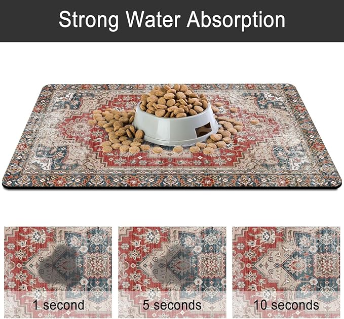 Dog Food Mats for Floors, Absorbent and Quick-Drying Pet Cat Food Mat,Anti-Fouling and Easy-to-Clean Pet Feeding Mat,Dog Bowl Mat for Messy Drinking Water Bowls.16 x24, Bohemia Style