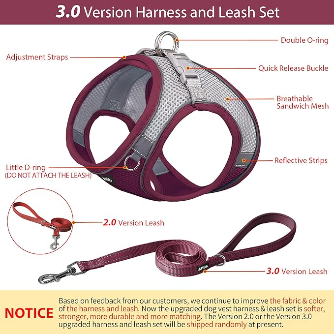 AIITLE Dog Harness, Christmas No-Pull Cat Harness with a Leash, Adjustable Reflective Puppy Vest Harness Escape Proof, Outdoor Walking, Running for Extra Small Dogs and House Cats Burgundy XXXS