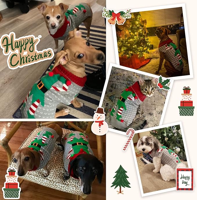 Dog Cat Ugly Christmas Sweater Boy Girl Xmas Pet Clothes Holiday Puppy Costume New Year Gifts for Small Medium Large Dogs Outfits (XXS, Grey Elf)