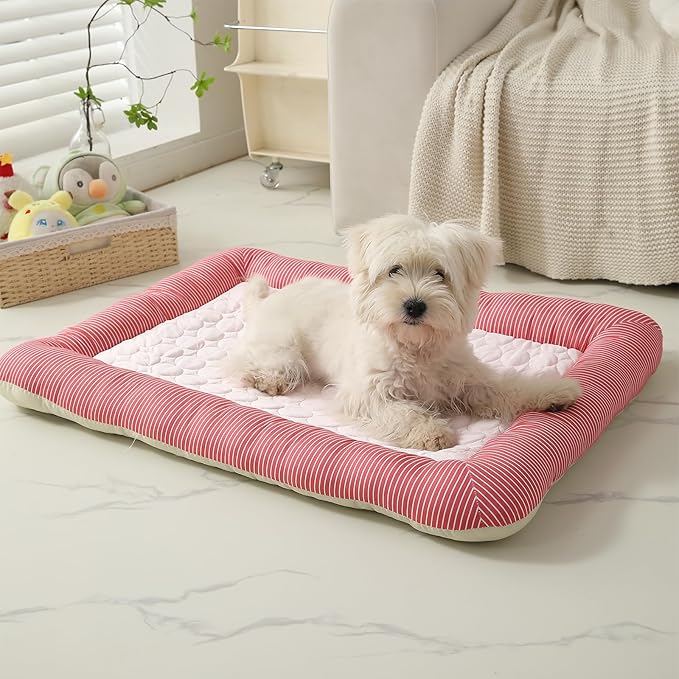Cooling Dog Bed, Pet Mat with Quilted Design, Cooling Bed for Cats, Striped Border (Pink, Small)