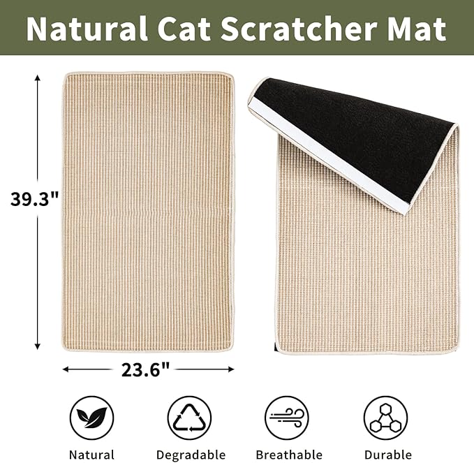 Cat Scratcher Mat, 39.3"x 23.6" Natural Sisal Cat Scratch Mat with Velcro Tape, Scratching Rug Pad for Indoor Cats, Furniture Protector, Floor Carpet, Wall Pad, L, Beige