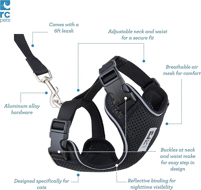 RC Pets Adventure Kitty Harness Includes Adjustable, Airmesh Fabric, 6' Leash and D-Ring Cat Walking Harness | Black, Medium