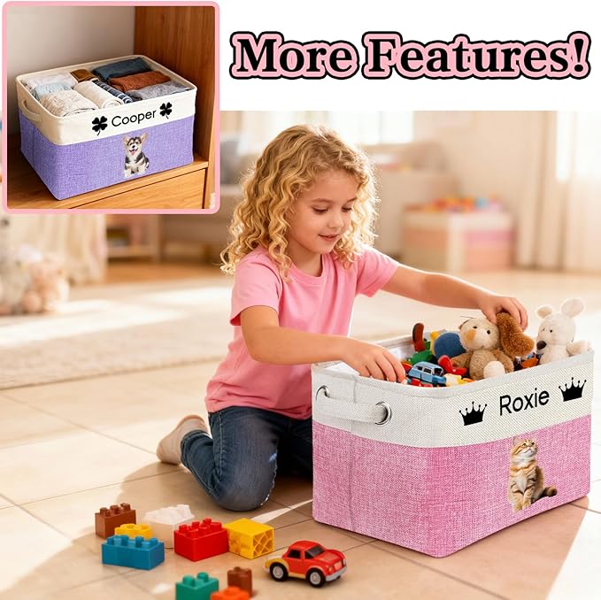 Personalized Dog Toy Storage Basket Custom Dog Name Photo Cat Pet's Gift Baskets Collapsible Organizer Box Foldable Storage Basket with Handle for Toys, Coats, Clothing, Blankets, Blue
