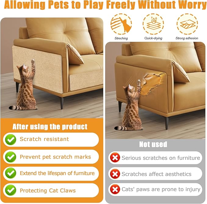 Cat Scratching mat Self-Adhesive, Trimmable Furniture Protector for Couch, Sofa, Wall & Cat Trees - Durable Scratch Pad with Nano Tape, DIY Climbing Carpet for Indoor Cats (Khaki, 23.6"x15.8")
