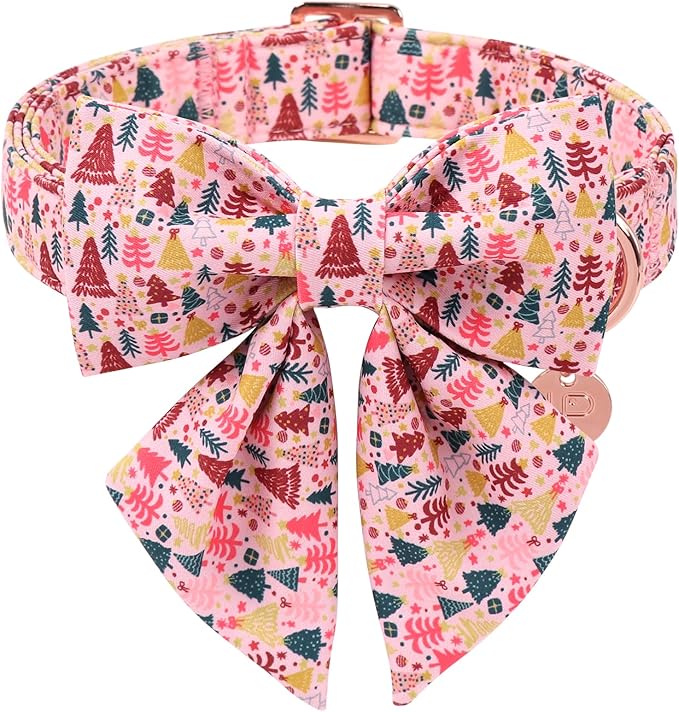 Christmas Dog Collar with Bow Tie, Pink Christmas Tree Collars for Dogs, Adjustable Pet Collar with Cute Xmas Tree Pendant, Winter Dog Accessories for Small Medium Large Dogs L