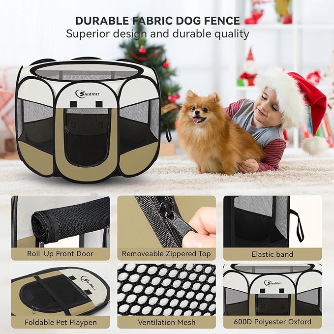 Dog Cat Playpen, Medium Puppy Pet Playpen, Dog Crate Tent Cage Indoor/Outdoor, Portable Pop Up Dogs Kennel Playpen with Carrying Case for Dogs/Cats/Rabbits (Khaki,Medium)