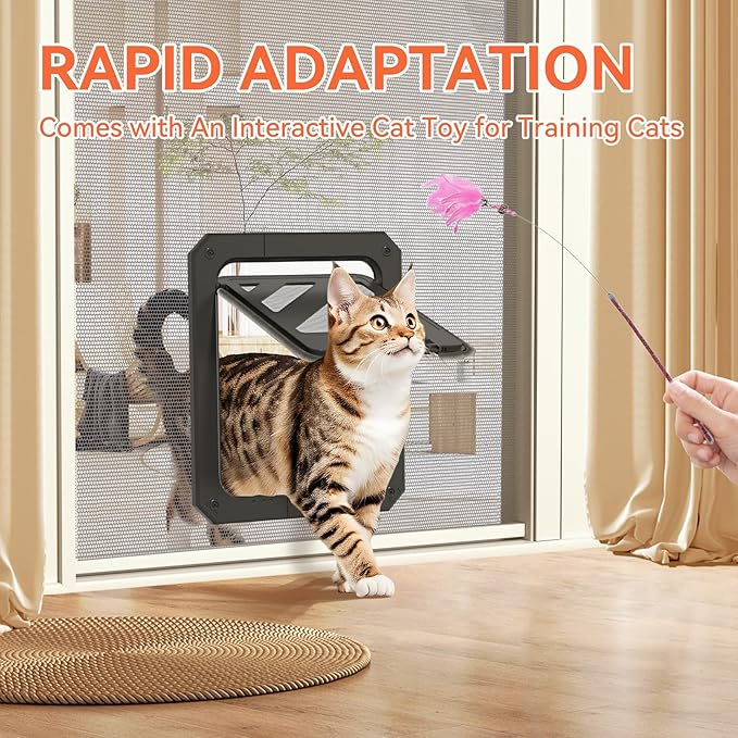 LIBBEPET Cat Door for Screen Door, Lockable Cat Screen Door for Cats & Small Dogs Up to 20 lbs, Magnetic Flap Opening 7 x 9 inches, Equipped with Interactive Cat Toy & Installation Tools, Black