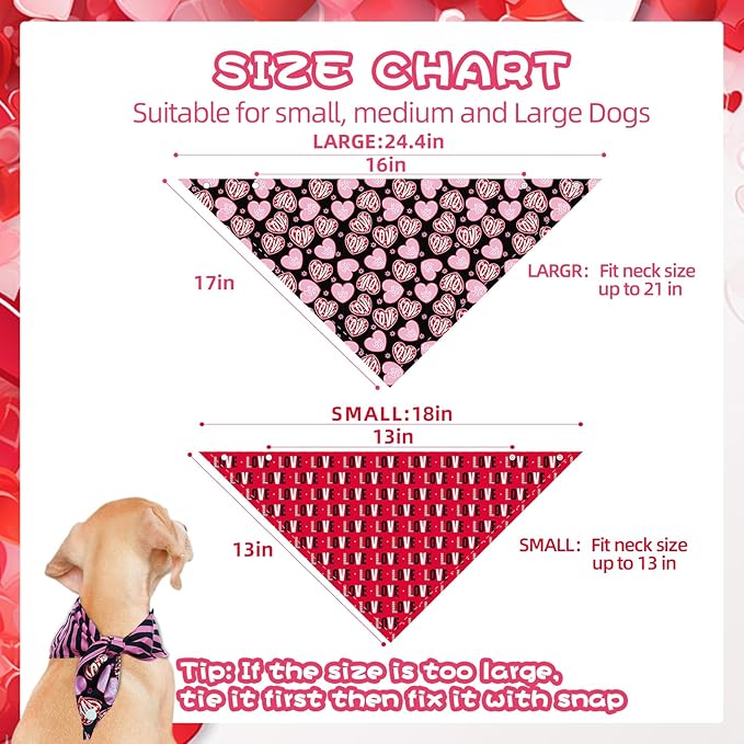 PAWCHIE Valentine's Day Dog Bandanas 4 Pack, Reversible Dog Party Triangle Scarf Bibs,Pet Holiday Costume with Adjustable Snaps,Multiple Love-Themed Patterns for Medium Dogs Puppy,Cats Pets, S