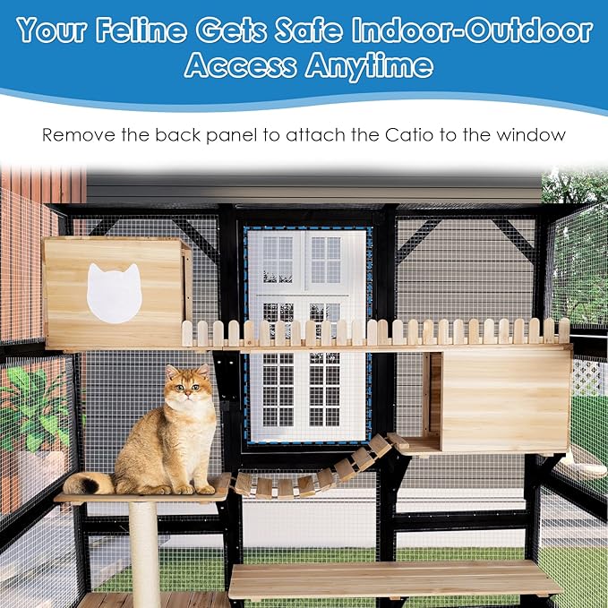 Large Catio Outdoor Cat Enclosure Window 73" H Walk-in Cat House Kitty Cage for Multiple Indoor Outdoor Cats Outside Patio with 5 Access Doors Waterproof Roof