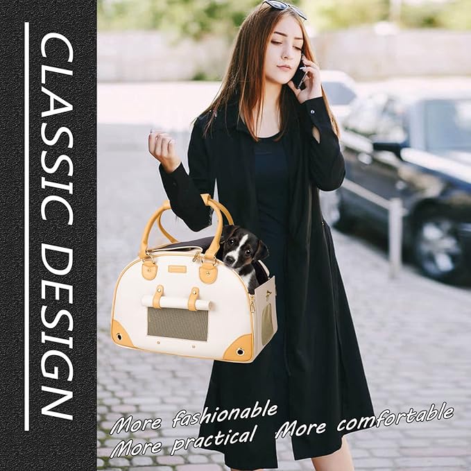 Foldable Premium PU Leather Dog Purse - Portable Pet Carrier Tote Bag for Small to Medium Cats and Dogs (Creamy White - Small)