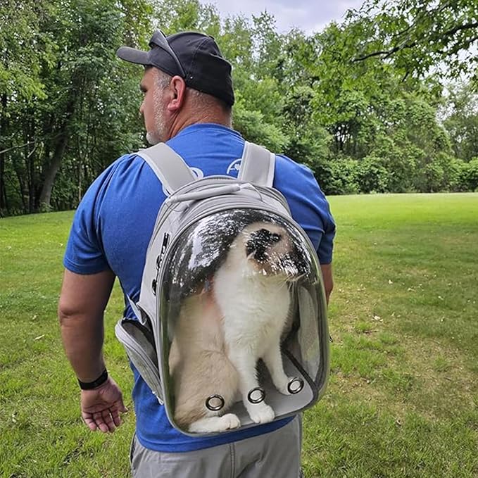 Cat Backpack Carrier, Back Expandable Pet Backpack with Bubble Window, Airline Approved Pet Travel Bag for Small/Medium Cats & Puppies, Hiking, Camping, Outdoor Use (Grey)