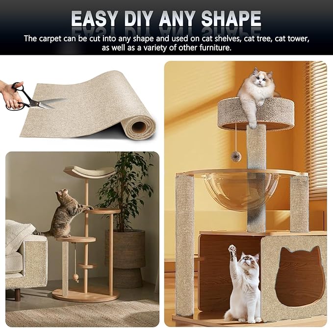 1Pack Total 39.3"x15.8" Cat Scratch Mat for Cat Couch Furniture and Wall Protector | Trimmable Self-Adhesive Carpet Climb Cat Scratcher for Covering Cat Tower and Replacement Pads (Khaki)