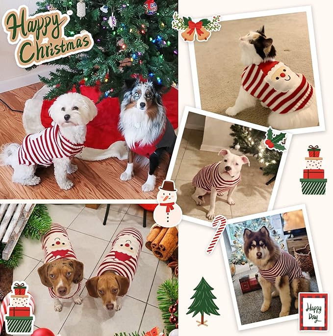Dog Christmas Sweater Xmas Pet Clothes Cute Striped Santa Claus Costume Holiday Puppy Cat Jumpers Outfits New Year Gifts for Small Medium Large Dogs (XS, Red White Stripe Santa Claus)