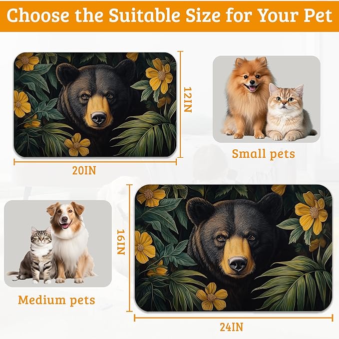 Brown Bear Dog Food Mat,Forest Absorbent Pet Feeding Mat for Food and Water Bowl,Quick Dry Dog Placemat Non Slip Rubber Backing Waterproof Pet Supplies 12" x 20"