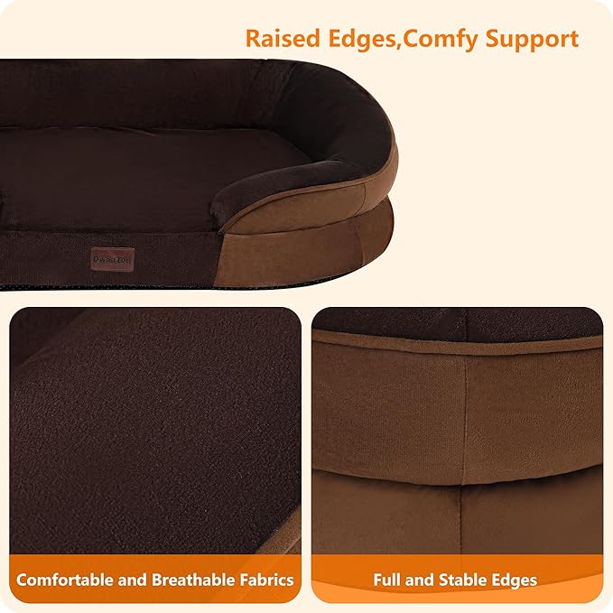 Dwanton Orthopedic Dog Bed for Extra Extra Large Dogs with Gel Memory Foam, Waterproof Dog Sofa, Washable Pet Bed with Four Sided Bolster Cushion, Removable Cover & Non-Slip Bottom, 48", Brown