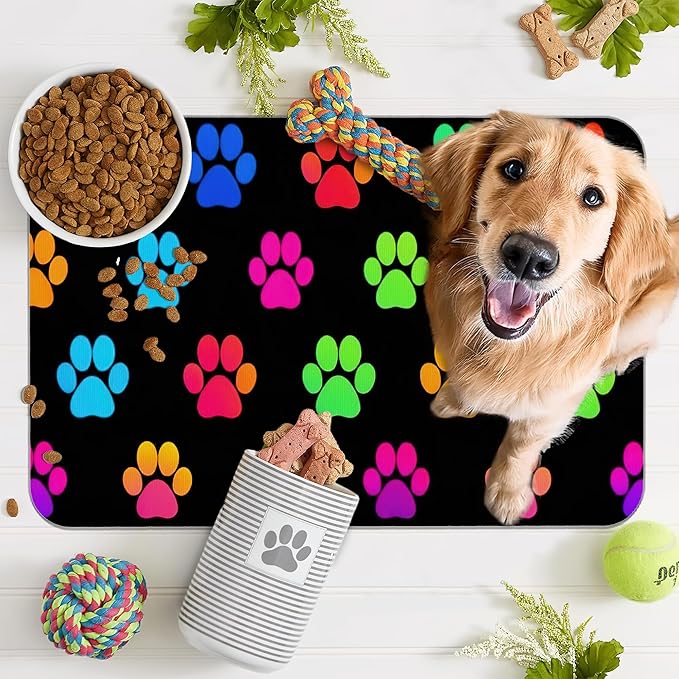 Cat Gradient Paw Print Dog Food Mat for Floors,Absorbent Pet Food and Water Bowl Mats,Non-Slip Pet Feeding Mat,Pet Supplies 16" x 24"