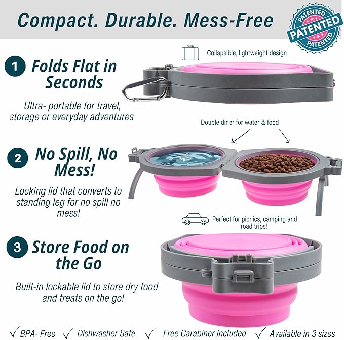 Loving Pets - Bella Roma Double Diner Portable Travel Dog Bowls Collapsible Combined Dog Food & Water Bowls (Pink, Medium)