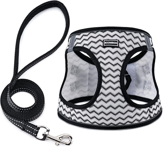 BOOMIBOO Dog Harness with Leash Set, No Pull Adjustable Reflective Step-in Puppy Pet Vest Harnesses for Small Medium Large Dogs and Cats,White Stripe M