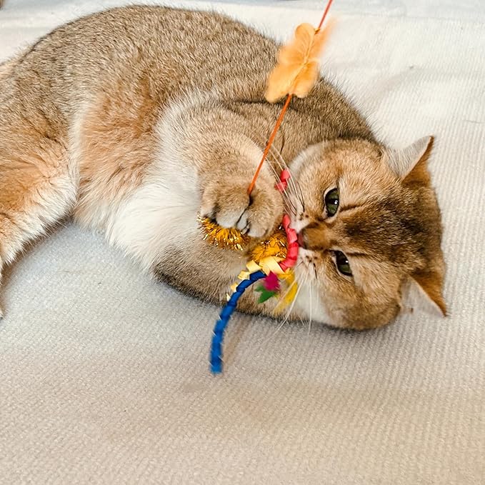 Cat Wand Toys, 3 PCS Vibrant Cat Teaser Wands with Butterfly, Pompom - Elastic Cord Feather Wands Cute Interactive Kitten Toy