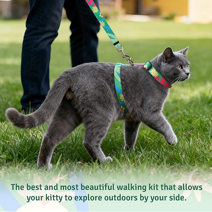 Cat Harness and Leash Set, Anti Escape Adjustable Cat Leash, Comfortable Soft Lightweight, Use Safe & Easy, Suitable for Small, Walking Kitten Harness for Large Medium Small Cats, Hawaii Green