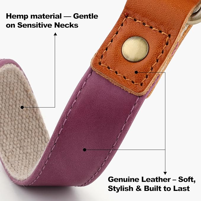 Plutus Pet Genuine Leather & Hemp Dog Collar – Adjustable Heavy Duty Pet Collar with Quick Release Metal Buckle, Soft & Stylish for Puppy and Small, Medium, Large Dogs (Purple, L)