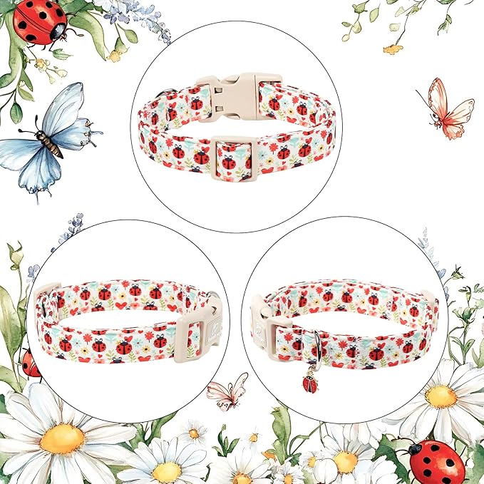 Ladybug Dog Collar for Large Dogs - Cute Spring/Summer Dog Collar, Lightweight Adjustable Cartoon Love Bug Garden Mom Dogs Collars with Quick Release Buckle L