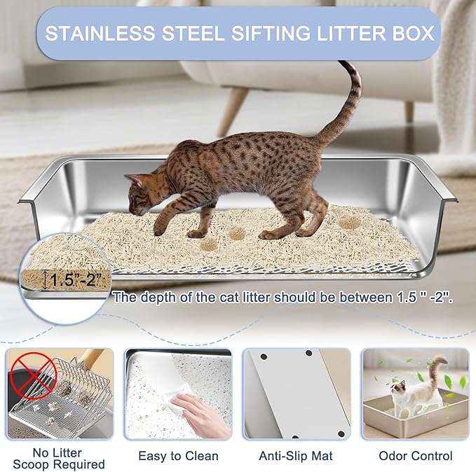 Teheao Stainless Steel Sifting Cat Litter Box for Clumping Litter, Kitty Large Metal Sifter Tray Pan with Cat Litter Bag, Low Dust, Odor Control, Easy Cleaning (15.7"*11.8"*5.9")