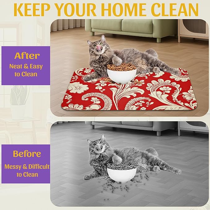 Red White Paisley Pet Food Mat, Absorbent Feeding Pad for Dogs and Cats, Waterproof Anti-Slip Base – 16x24 Inch