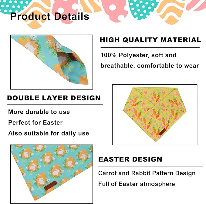 ADOGGYGO Easter Dog Bandana 2 Pack, Bunny Egg Carrot Print Pet Scarf Bib, Adjustable Fit Green Yellow Easter Bandanas for Small Dogs (Small)