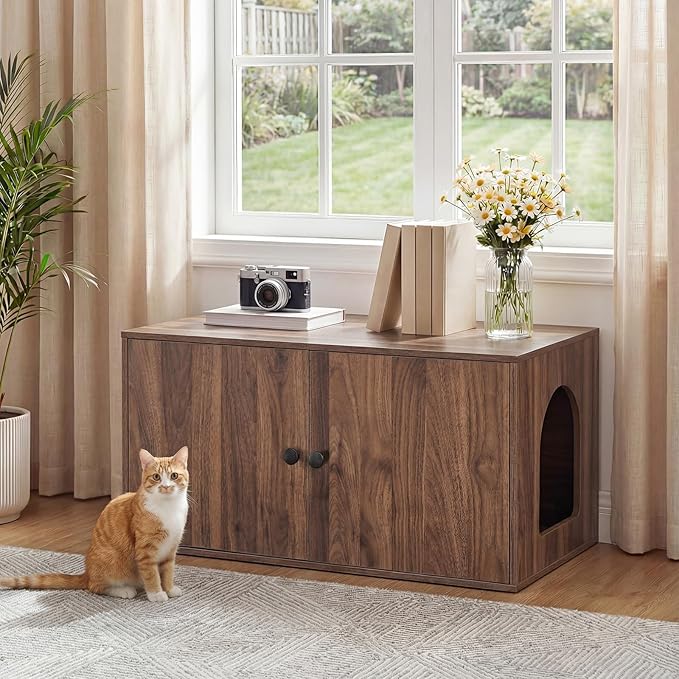 HOOBRO Cat Litter Box Enclosure, Hidden Litter Box Furniture with Side Entry, Litter Box Cabinet, Indoor Cat House, End Side Table, 31.5"L x 17.7"W x 16.3"H, for Living Room, Bathroom, Walnut WL40MW01