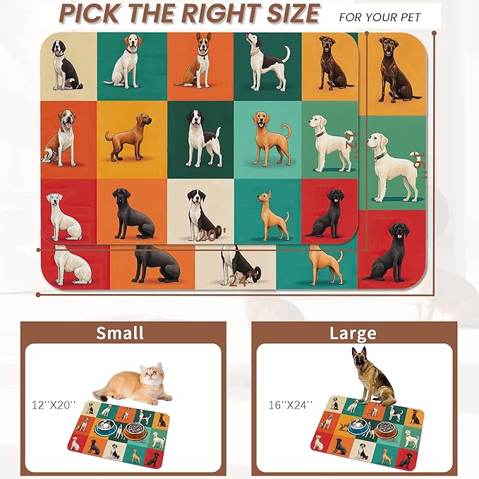 Cute Dog Cat Food Mat,Absorbent Pet Feeding Mat for Food and Water,Non-Slip Dog Bowl Mats Floor Protector 12"x20"