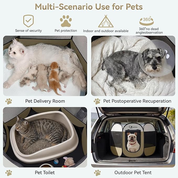 Dog Cat Playpen, Medium Puppy Pet Playpen, Dog Crate Tent Cage Indoor/Outdoor, Portable Pop Up Dogs Kennel Playpen with Carrying Case for Dogs/Cats/Rabbits (Khaki,Medium)