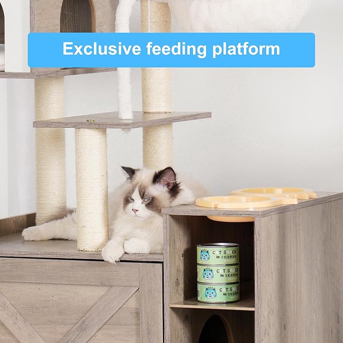 Hey-brother Cat Tree with Litter Box Enclosure, Modern Cat Tower for Indoor Cats with Large Platform, Condo Food Station and 2 Hammocks, All-in-one Cat Furniture, Wood Rustic Gray MPJ115SG