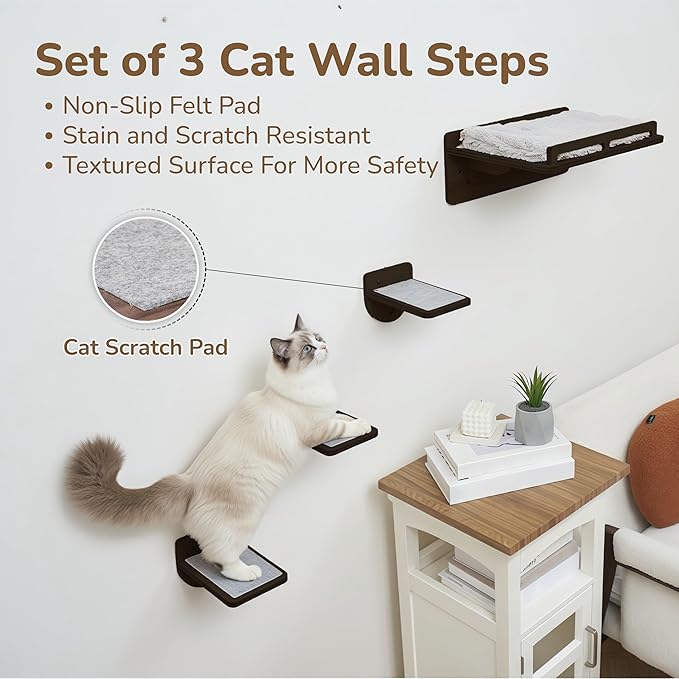 [Ready to Gift] PURRHOUSE 45LBS Capacity Cat Window Perch with Bolster, Hammock Seat with Premium Plywood & Metal Frame, Window Bed for Indoor Cats & Kittens (Walnut, Cat Wall Steps)