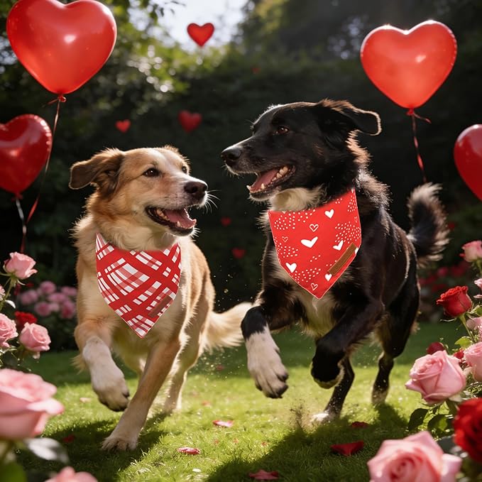 Realeaf Valentine's Day Dog Bandanas 2 Pack, Reversible Red Plaid Heart Dog Scarf for Boy and Girl, Premium Durable Fabric, Holiday Love Bandana for Large and Extra Large Dogs Pets (X-Large)