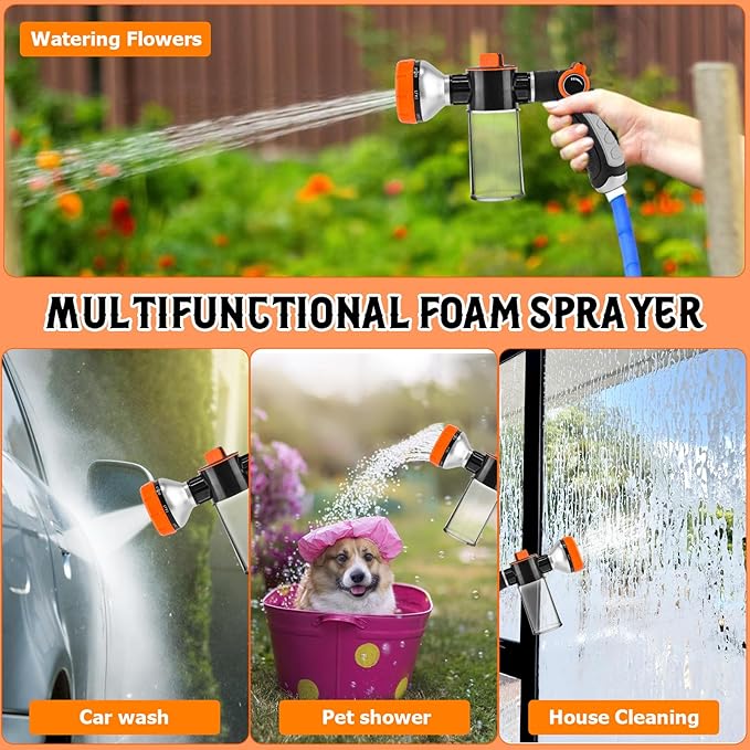 Dog Wash Hose Attachment, High Pressure Garden Water Hose Nozzle 8 Way Foam Sprayer with Soap Dispenser Bottle for Watering Plants, Car Washing, Pet Showering Bathing Tool