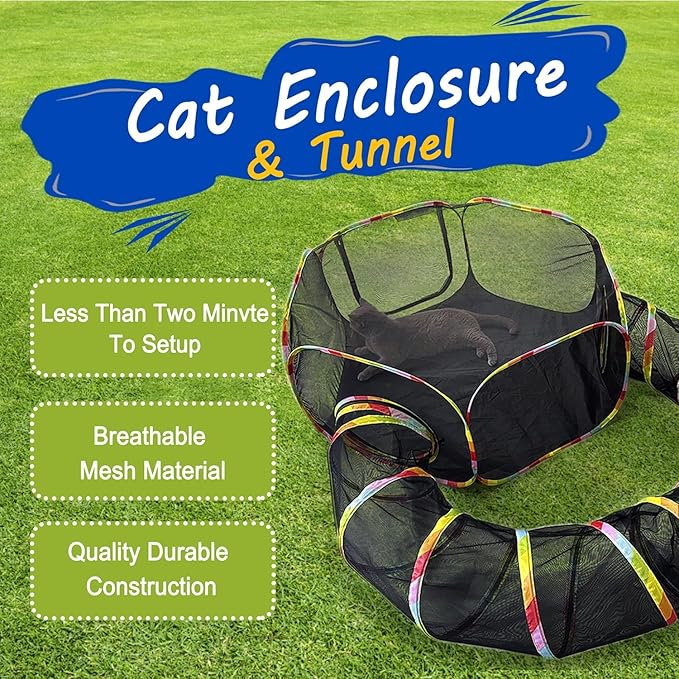 Outdoor Cat Enclosure, Portable Cat Tents for Outside with Storage Bag, Outside Cat Playpen Pet Enclosure with Toy Ball, Cat Tunnel Outdoor Playground for Cats & Small Animals
