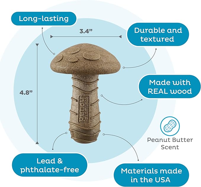 Outward Hound Dogwood Mushroom Durable Dog Chew Toy, Peanut Butter Scent, Medium