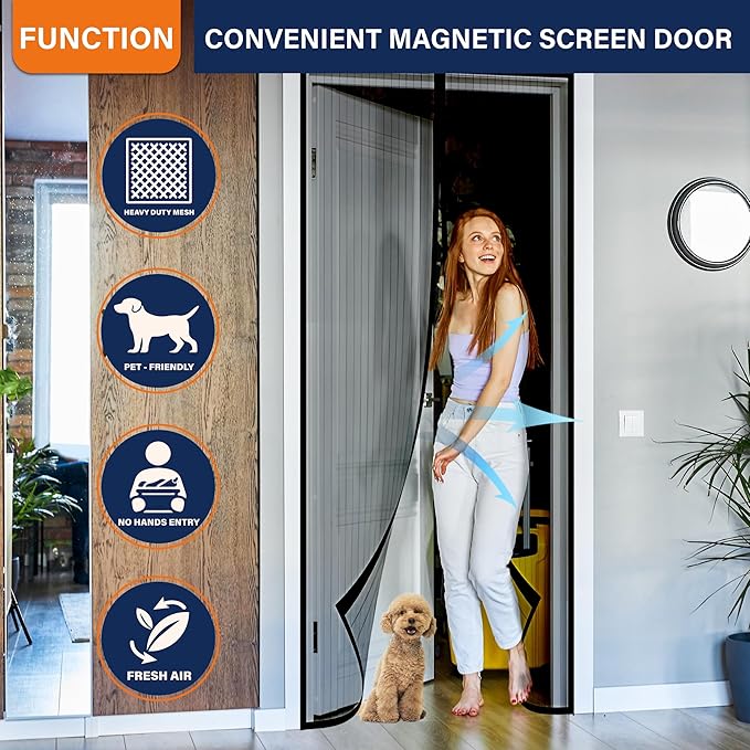 Magnetic Screen Door,Hook&Loop Pet Screen Door Fit Door Size 34" x 80" Heavy Duty Door Screen Magnetic Keep Bugs Out