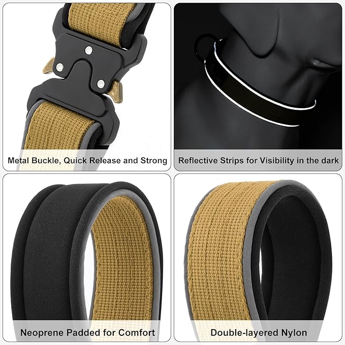 Plutus Pet Tactical Dog Collar, Reflective, Adjustable Heavy Duty Dog Collar, Soft Padded and Comfortable, for Small Medium and Large Dogs (Brown, XL)