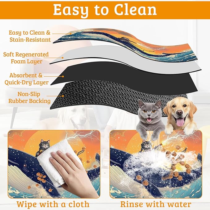 Dog Bowl Mat,Cat Shark Pet Feeding Mat for Floors Waterproof,Ocean Wave Absorbent Dogs Placemat for Food and Water Quick Dry Pet Cat Feeding Mats with Non Slip Bottom 12" x 20"
