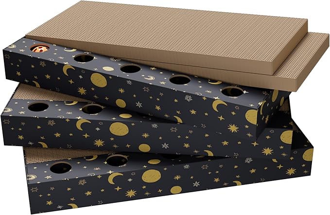 6-Pack Cat Scratcher Cardboard with 3 Box Loungers, Reversible Cat Scratching Pad Refills with Bell Toys, High Density Corrugated Scratch Board for Indoor Cats (Starry Night Design)