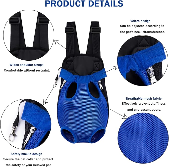 Pet Carrier Backpack, Adjustable Pet Front Carriers for Small Medium Dogs Cats 5-18 Lbs, Legs Out, Dog Cat Carrier Backpack for Hiking,Camping,Traveling,Cycling (Blue, Medium（Fit:5-10lb）)