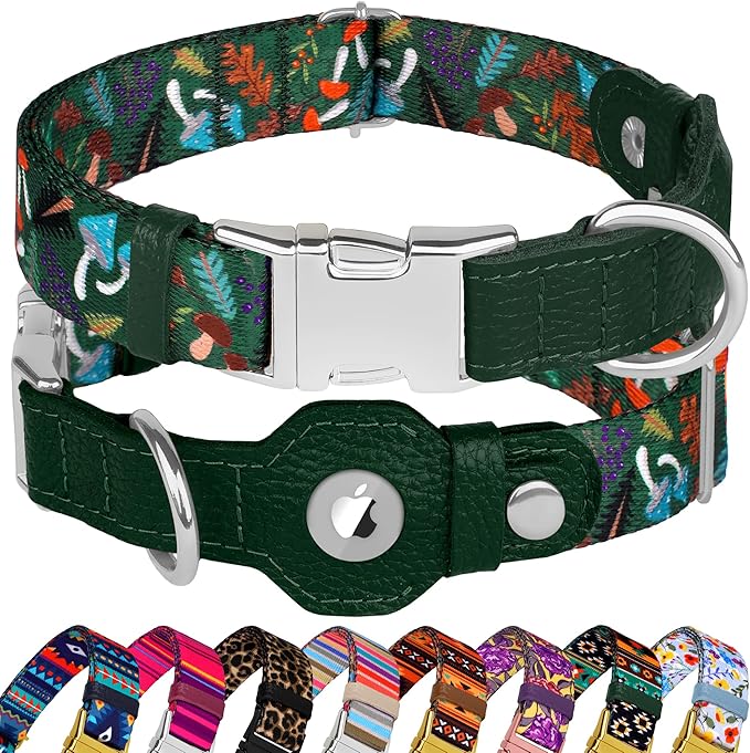 AirTag Dog Collar for Small Medium Large Breed - Adjustable Cute Pattern Dog Collar with Airtag Holder - Soft Leather Tracker GPS Apple Air Tag Pet Collars (X-Small, 9"-12" Neck Fit, Mushroom)