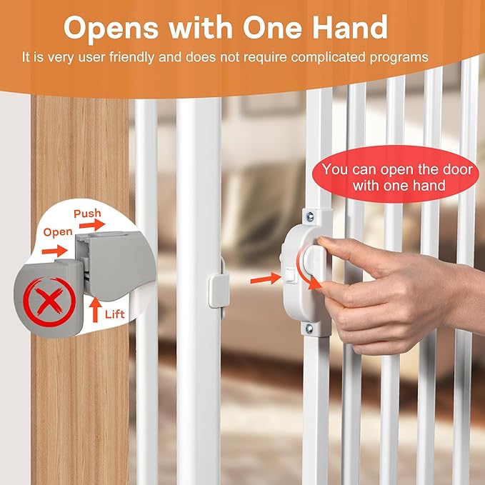 71“ Extra Tall Cat Gate for Doorway：29.4-33.4” Wide Pet Gate, Auto Close/One Handed Open, 1.34” Extra Small Gap, No Drill Pressure Mount Tall Cat Gate for Interior Stairs/Kitchens/Hallways (White)