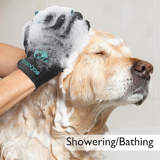 COOLJOB Patented Pet Grooming Gloves with Web, Reusable Washable Cleaning Brush Massage Hair Remover for Short Long Haired Dog Cat Horse Animal, Washing Bathing Shedding Supplies, Medium, Blue Black
