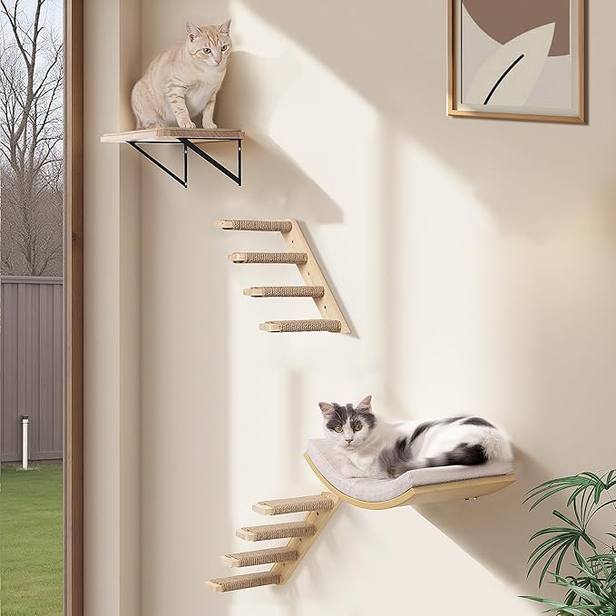 2PCS Cat Wall Shelves with Scratching Mat, 16.6x9.7 Inch Cats Wall Furniture, Solid Pine Wood Kitten Wall Mounted Floating Shelf, Window Perch Hammock for Pets Sleeping, Playing, Climbing