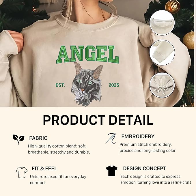 VIOLAVA Custom Cat Embroidered Christmas Sweatshirt – Personalized Pet Name Holiday Crewneck, Festive Gift for Cat Lovers