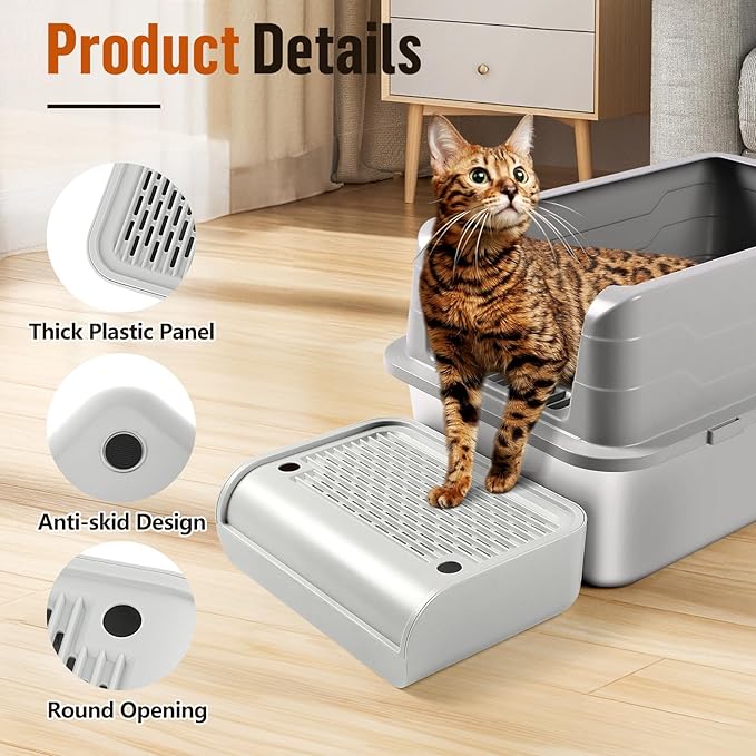 Cat Litter Box Step, Cat Litter Ramp Mat with Filter Function for Self-Cleaning Litter Box, Easy to Clean, Cats Pedal Step Stool Ideal for Kitten & Elderly Cats (Light Grey)
